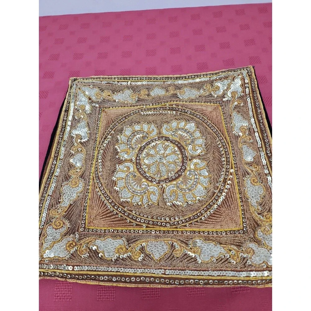 VTG Turkish Hand Beaded Embroidered Sequined Throw Pillow Cover Gold Boho